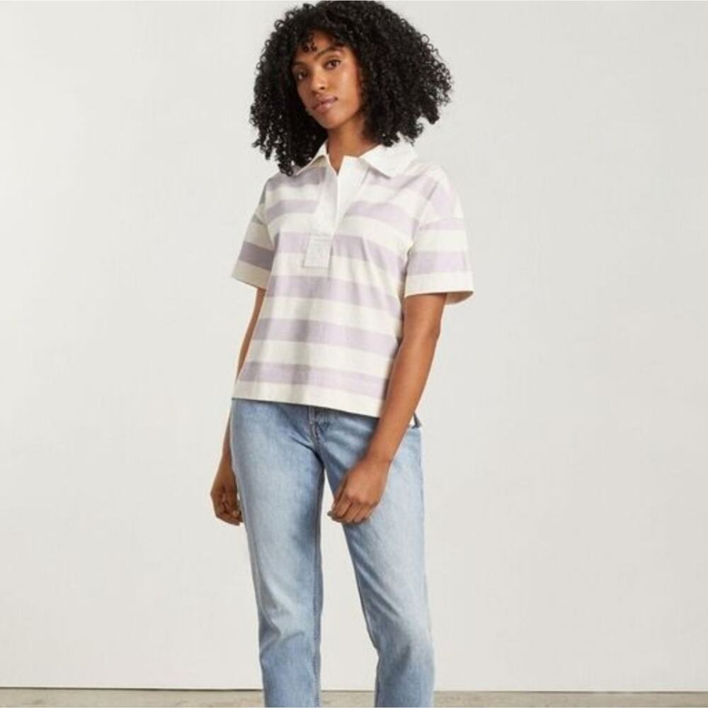 Everlane Orchid Stripe Polo Shirt Size XS Purple White Short Sleeve Cotton NEW - Picture 2 of 11